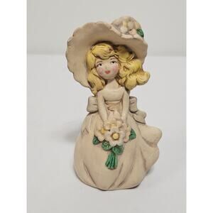 Vintage Ceramic Blonde Girl Figurine In Bonnet W/ Bouque Revolving